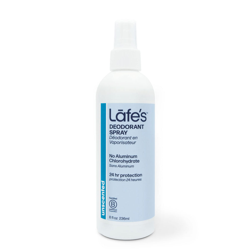 Bouteille spray déodorant Lafe's sans parfum, protection 24h.