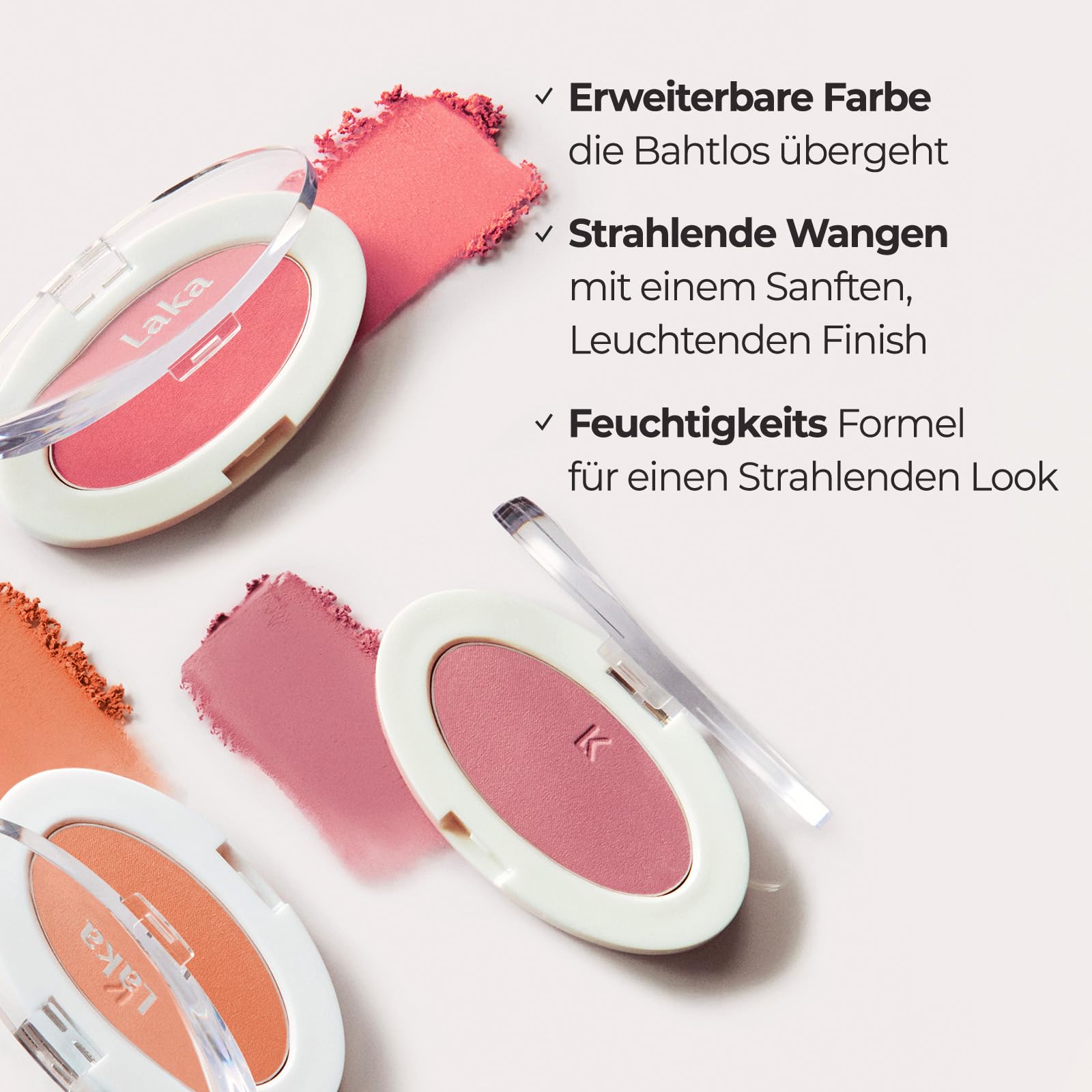 Laka Love Silk Blush glisse sans effort pour un flush frais et durable.