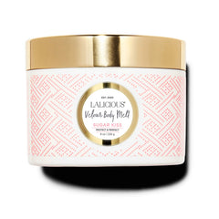 LaLicious Sugar Kiss Velour Body Melt montre sa texture gel qui se transforme en huile nourrissante.