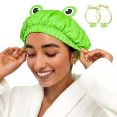 Bonnet LamaMe étanche double couches grenouille verte protège les cheveux.