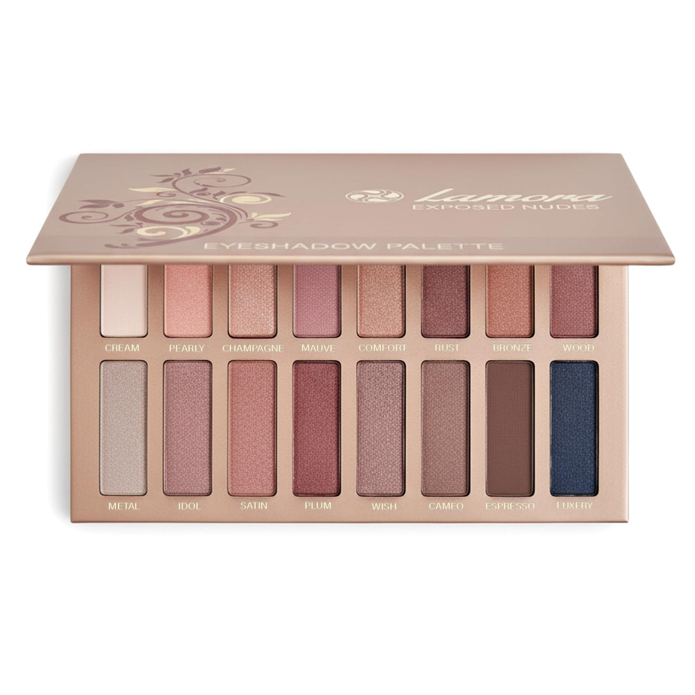 Lamora Ombres Palette: 16 pigments matte et métallique pour un regard durable.