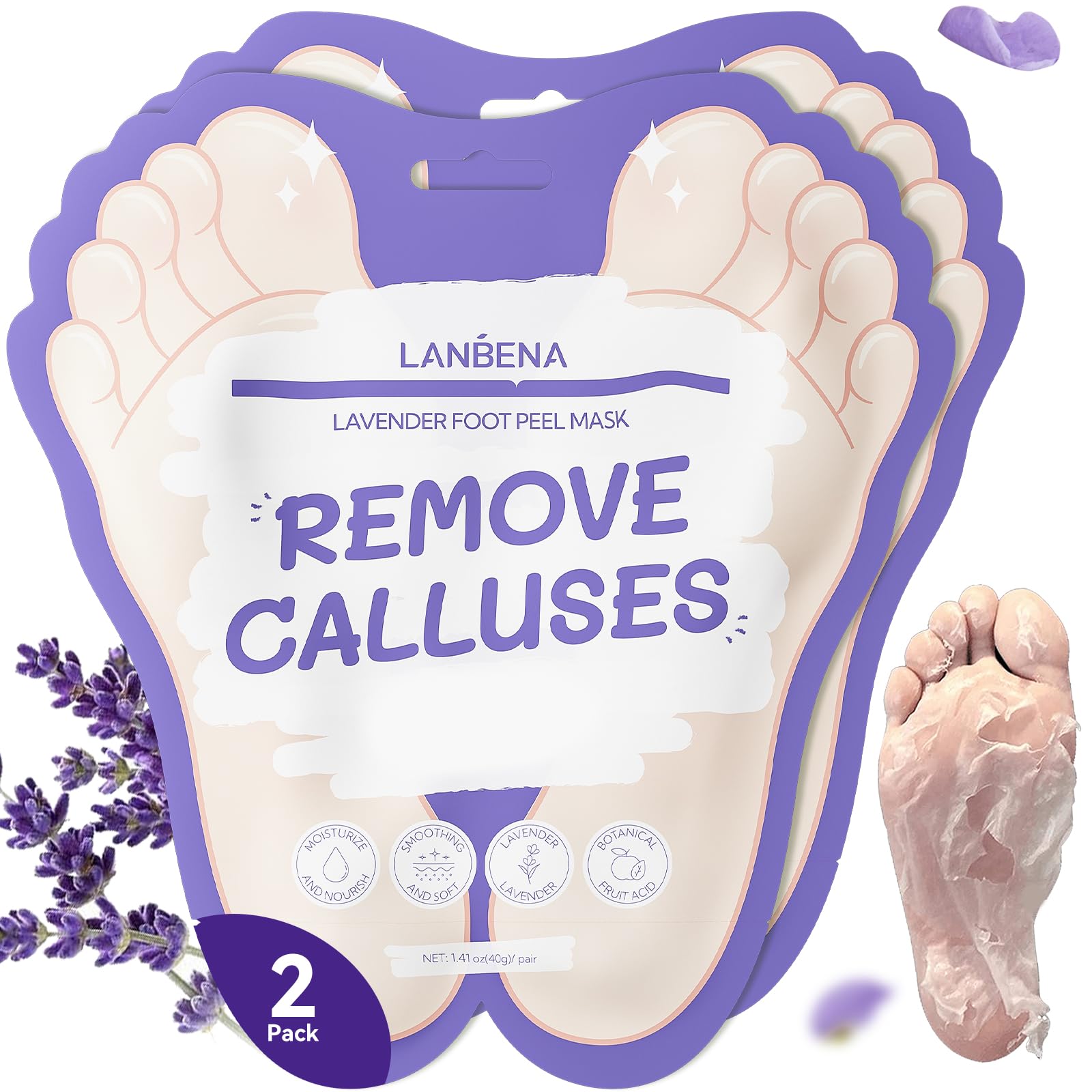 LANBENA masque exfoliant pieds lavande, application en chaussettes pour pieds plus doux.