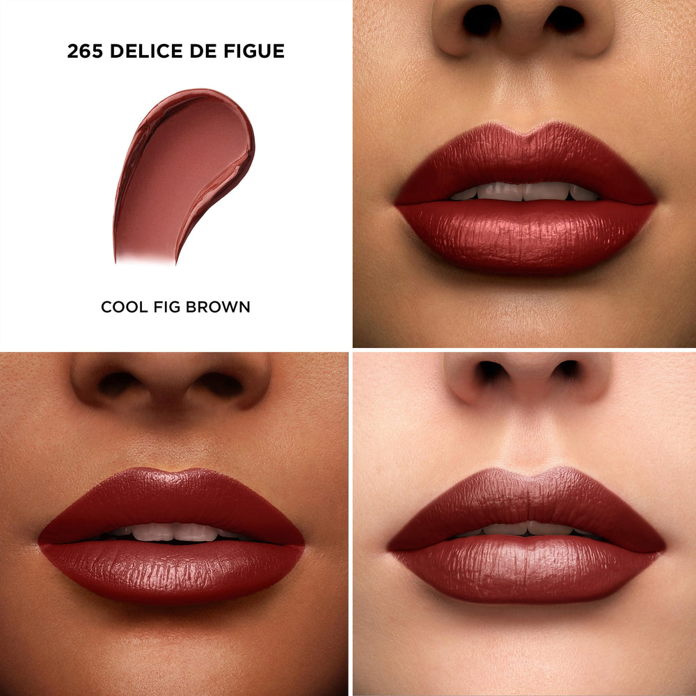 Texture crème onctueuse de Lancôme L'Absolu Rouge 265 Delice de Figue sur les lèvres.