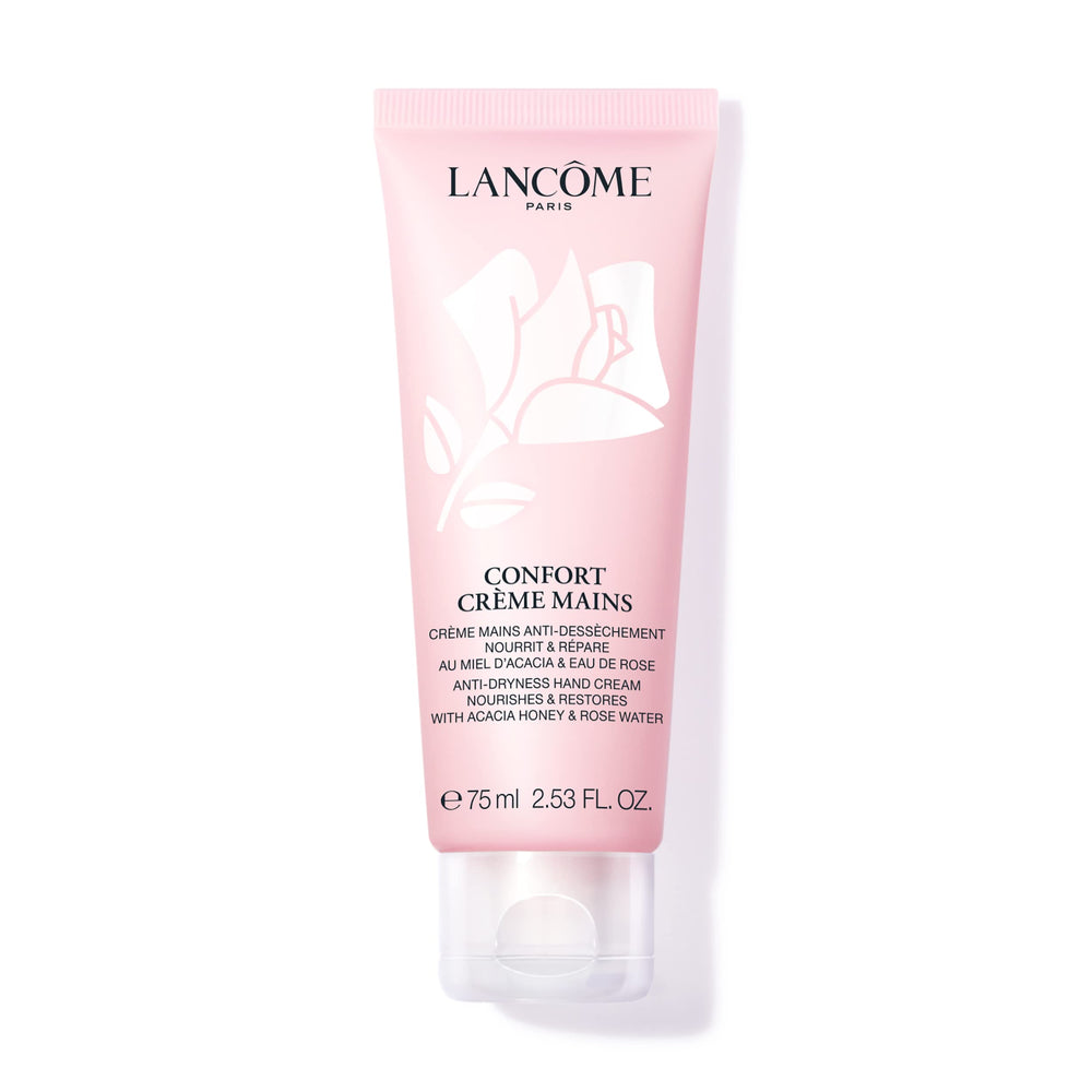 Lancôme Confort Main Crème — emballage élégant et hydratation rapide pour les mains sèches.