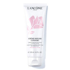 Lancôme Crème Mousse Confort: bouteille avec pompe prête à nettoyer et hydrater la peau.