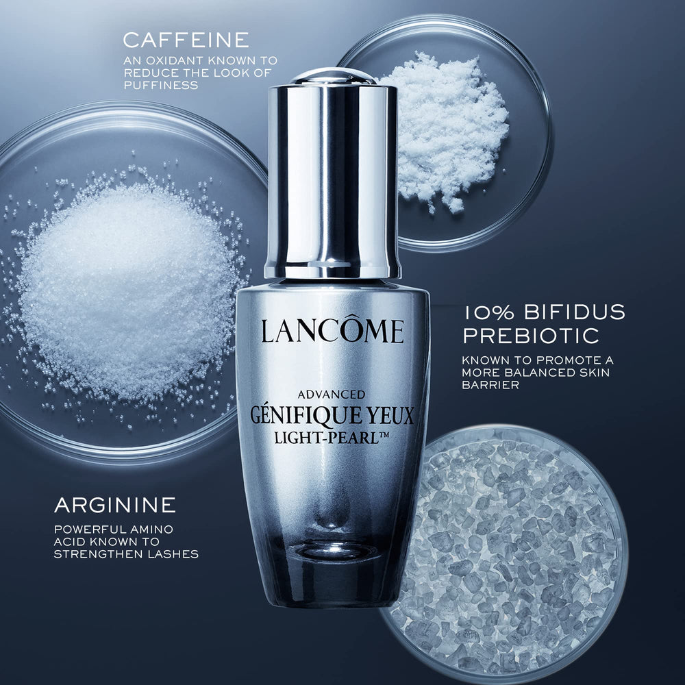 Génifique Perle Lumière, formule prébiotique Bifidus et caféine, aide à estomper les poches.