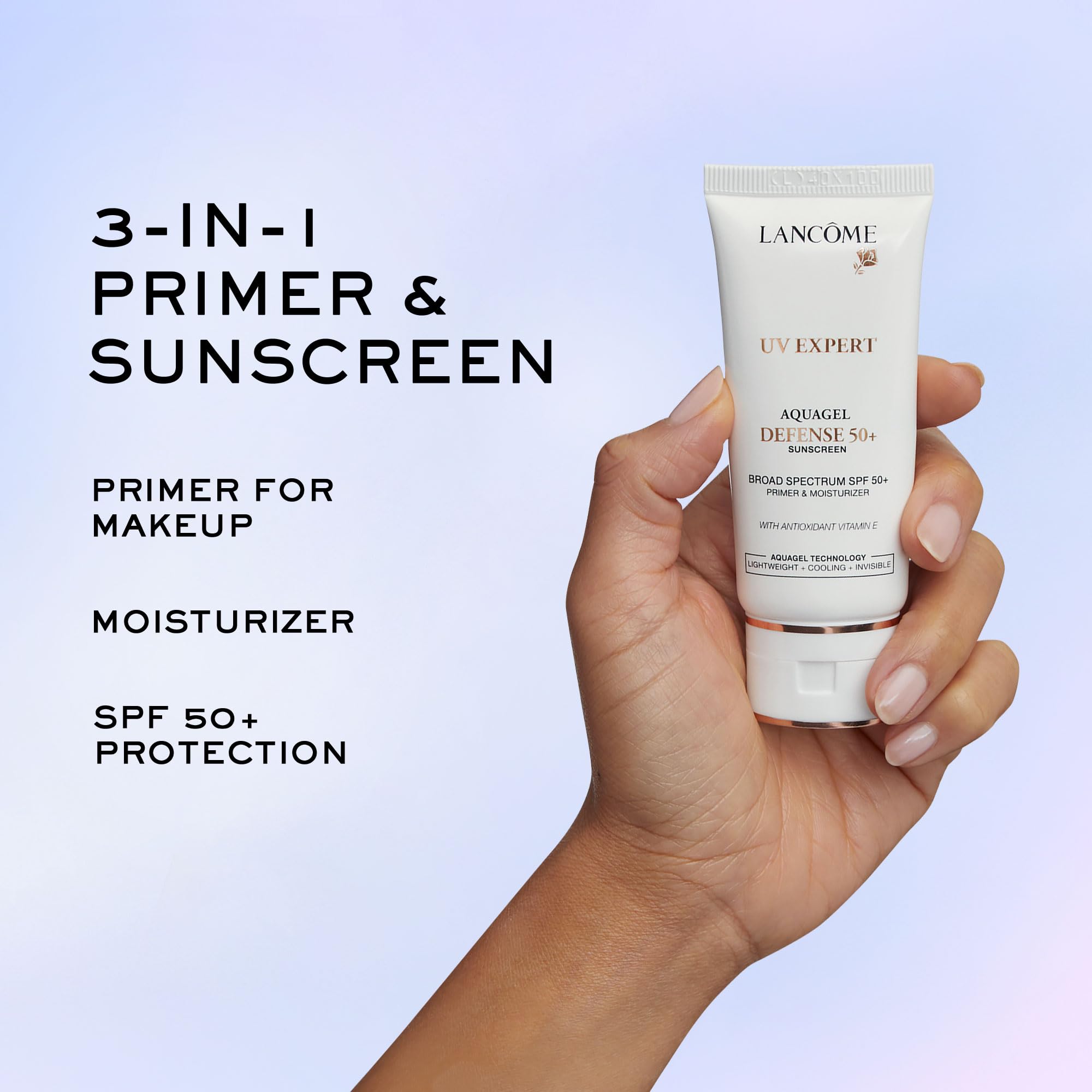 Lancôme UV Expert Defense – application en base maquillage, peau prête pour le look.