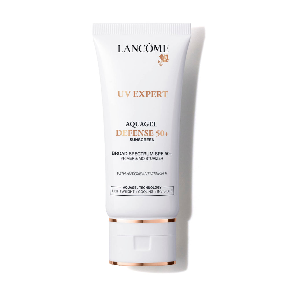 Lancôme UV Expert Defense – bouteille Aquagel, hydratation légère et protection solaire.