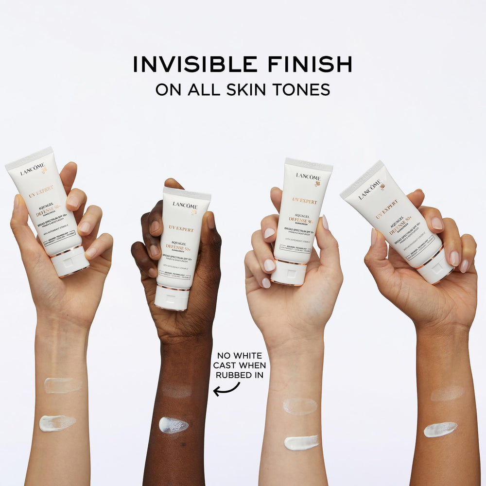 Lancôme UV Expert Defense – sans résidu blanc, visage uniforme et net.