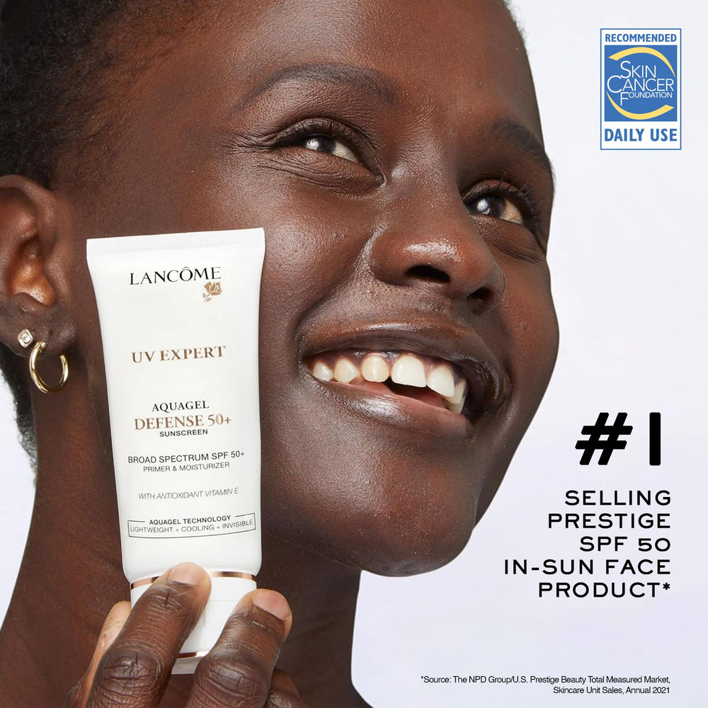 Lancôme UV Expert Defense – texture Aquagel, absorption rapide sans gêne.
