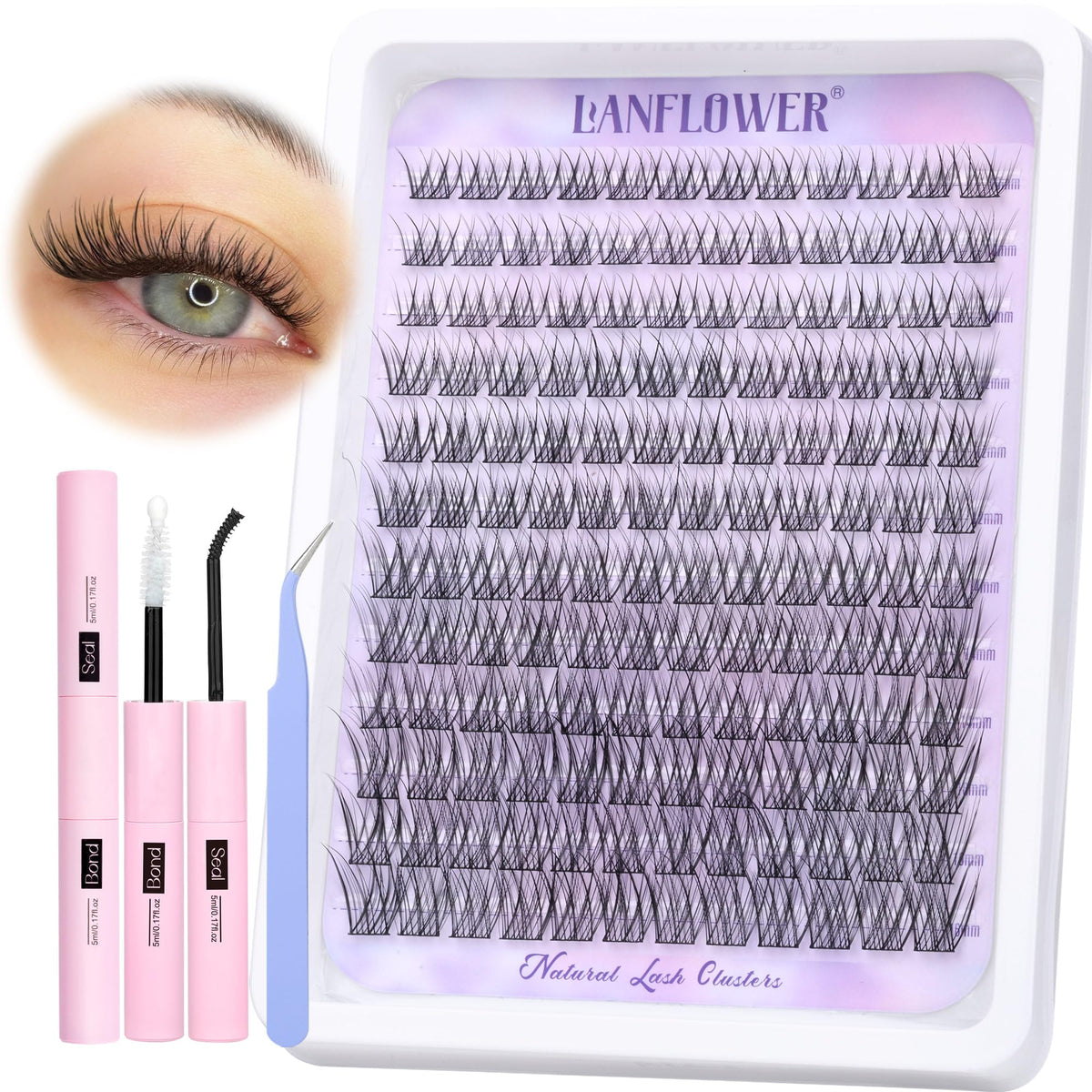 Lanflower Kit Clusters Cils Naturels, application simple pour un regard naturel et durable.