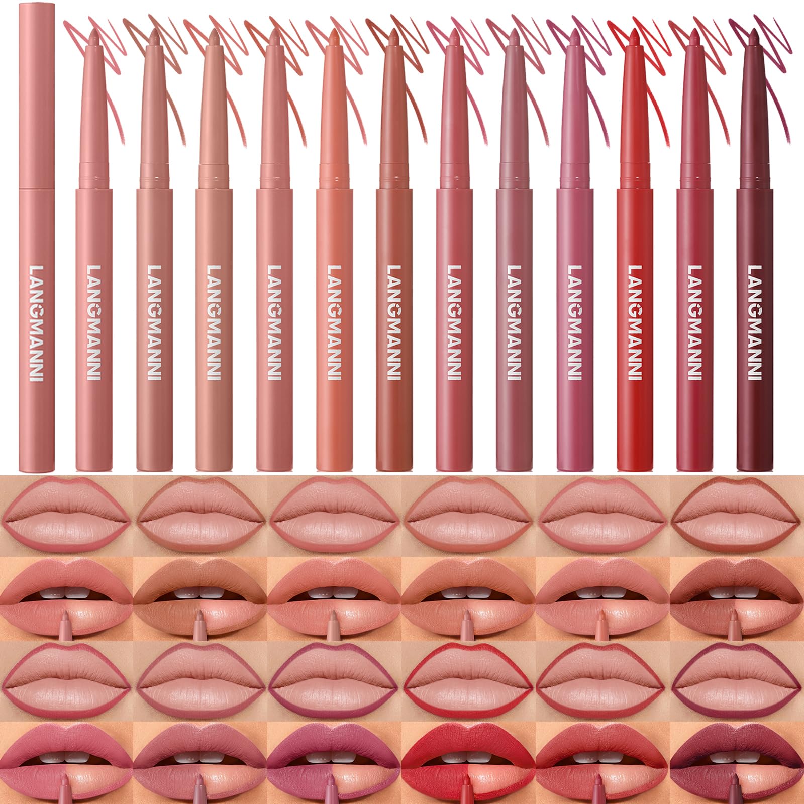 LANGMANNI ensemble de 12 crayons lèvres pour une couleur précise et longue tenue.