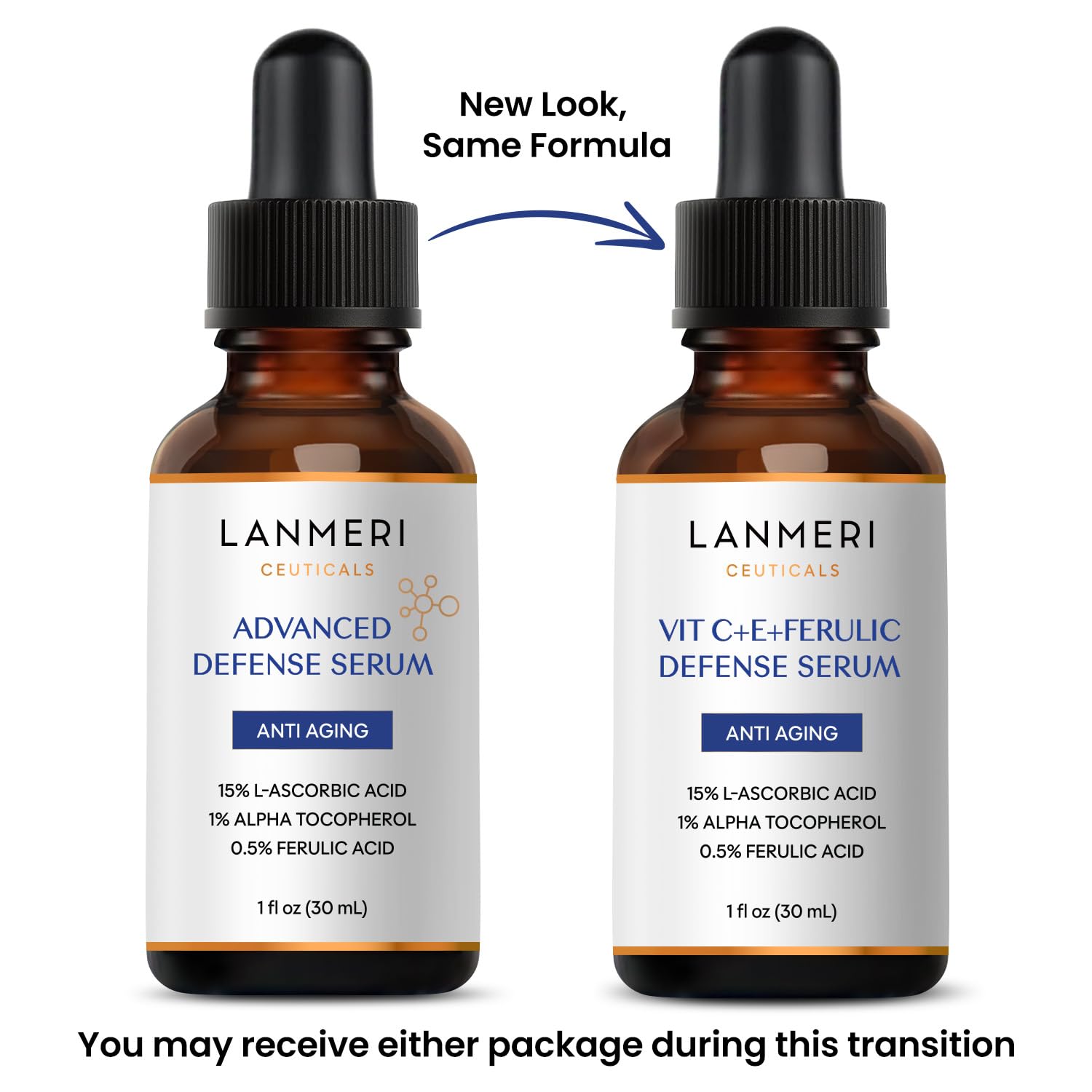 Sérum Lanmeri Ceuticals Vitamine E et Acide férulique 1%/0,5% sur fond neutre.