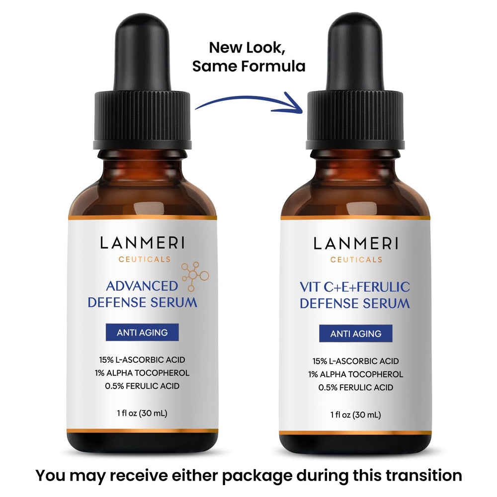 Sérum Lanmeri Ceuticals Vitamine E et Acide férulique 1%/0,5% sur fond neutre.
