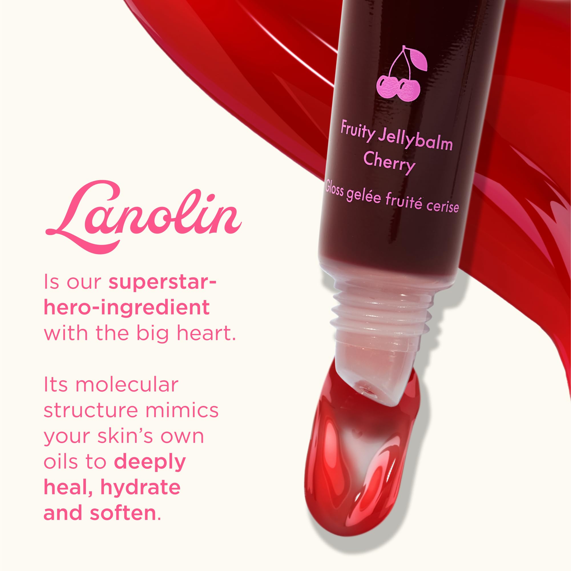 Lanolips Fruity Jellybalm cerise, brillance subtile et couleur lumineuse sur les lèvres.