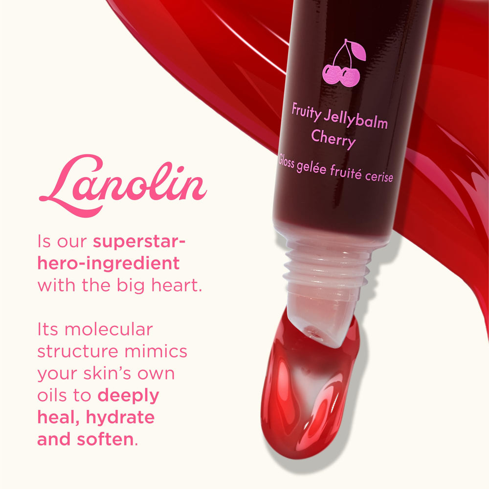 Lanolips Fruity Jellybalm cerise, brillance subtile et couleur lumineuse sur les lèvres.