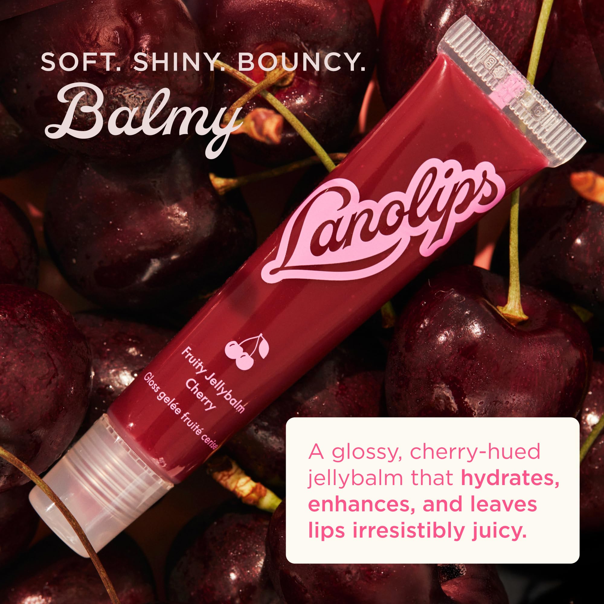 Lanolips Jellybalm fraise, texture douce et teinte légère sur les lèvres.
