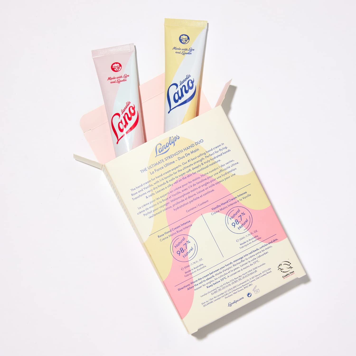 Application Vanille Lanolips Crème mains, parfum réconfortant et hydratation continue.