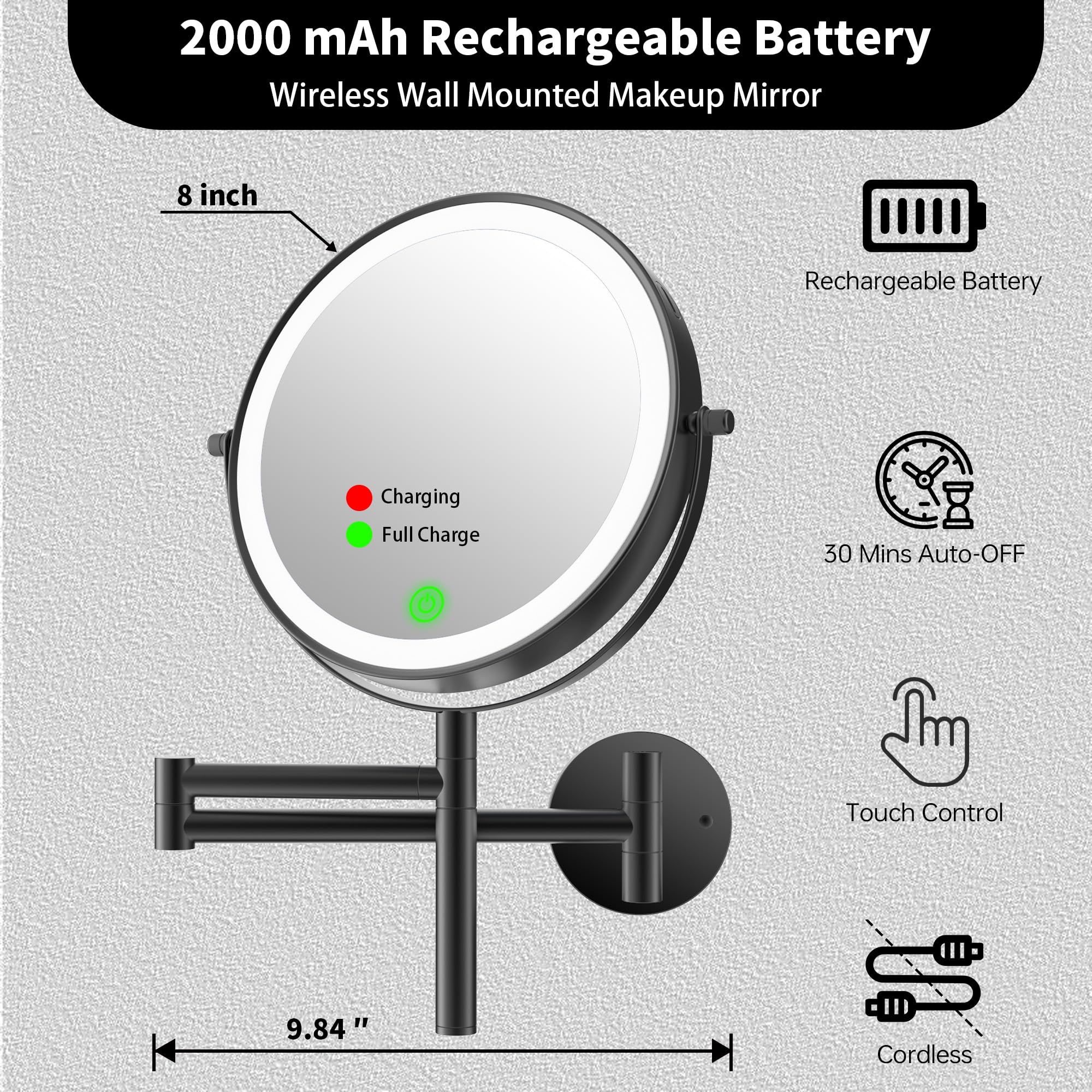 Miroir LANSI bras extensible pour régler la hauteur.