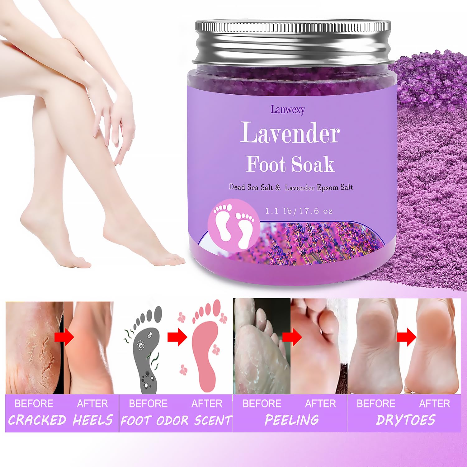 Lanwexy-sels-mer-epsom-pieds: exfoliation légère et texture de peau améliorée.