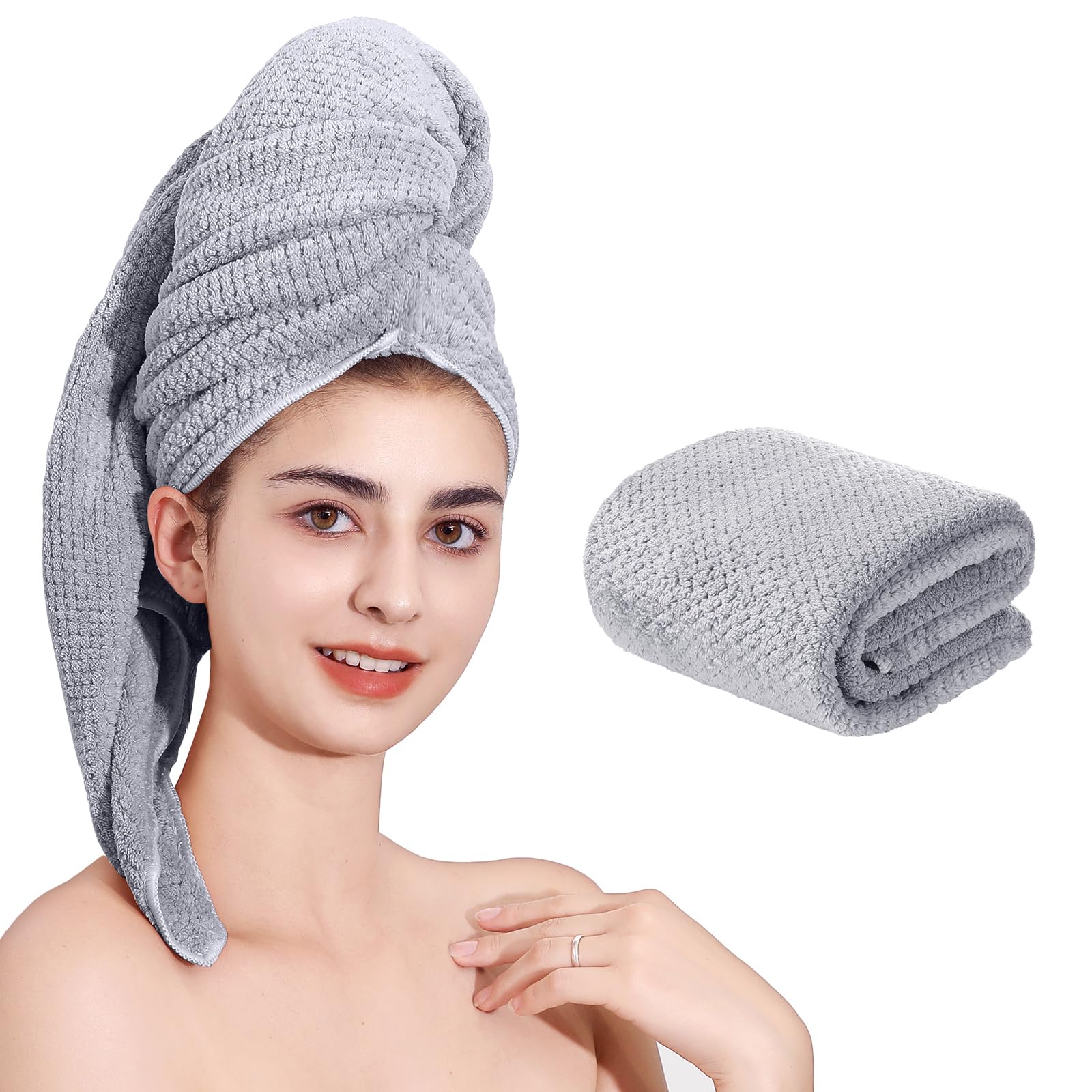 Laojbaba serviette cheveux microfibre gris – absorption rapide pour séchage efficace.