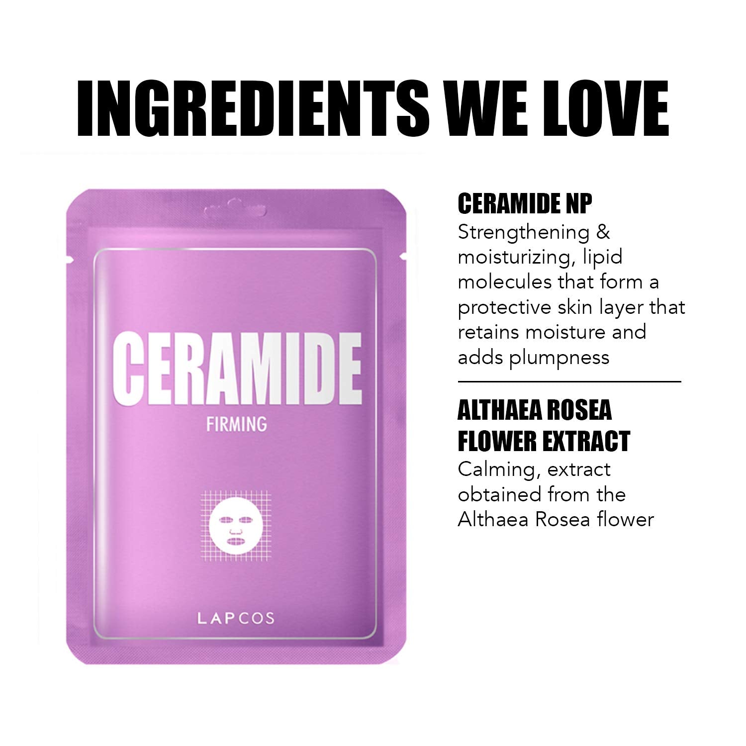 LAPCOS Ceramide Sheet Mask face close-up reveals a hydrated, plump look.