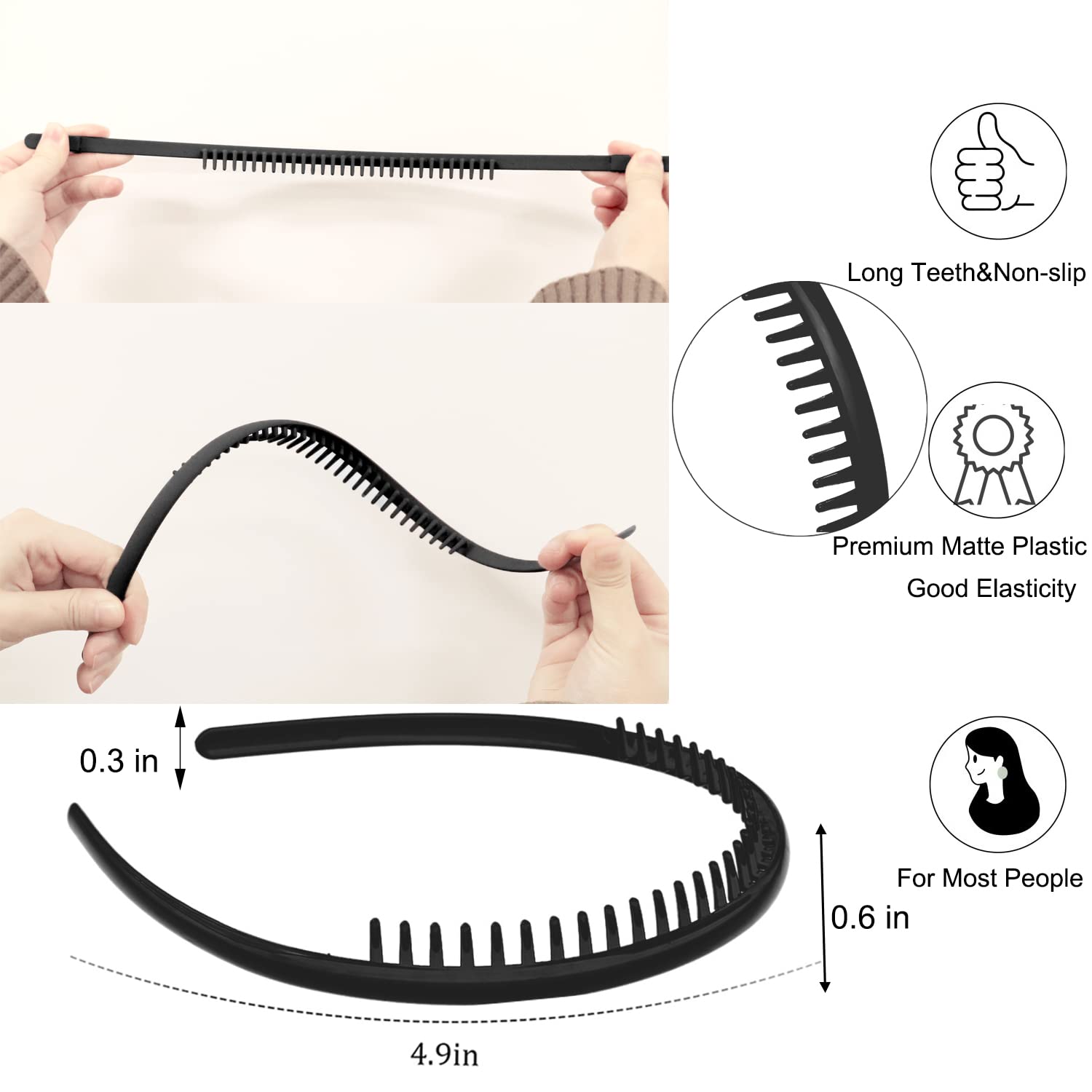 Bandeau antiglissement LAPOHI avec dents, noir mat, tenue durable