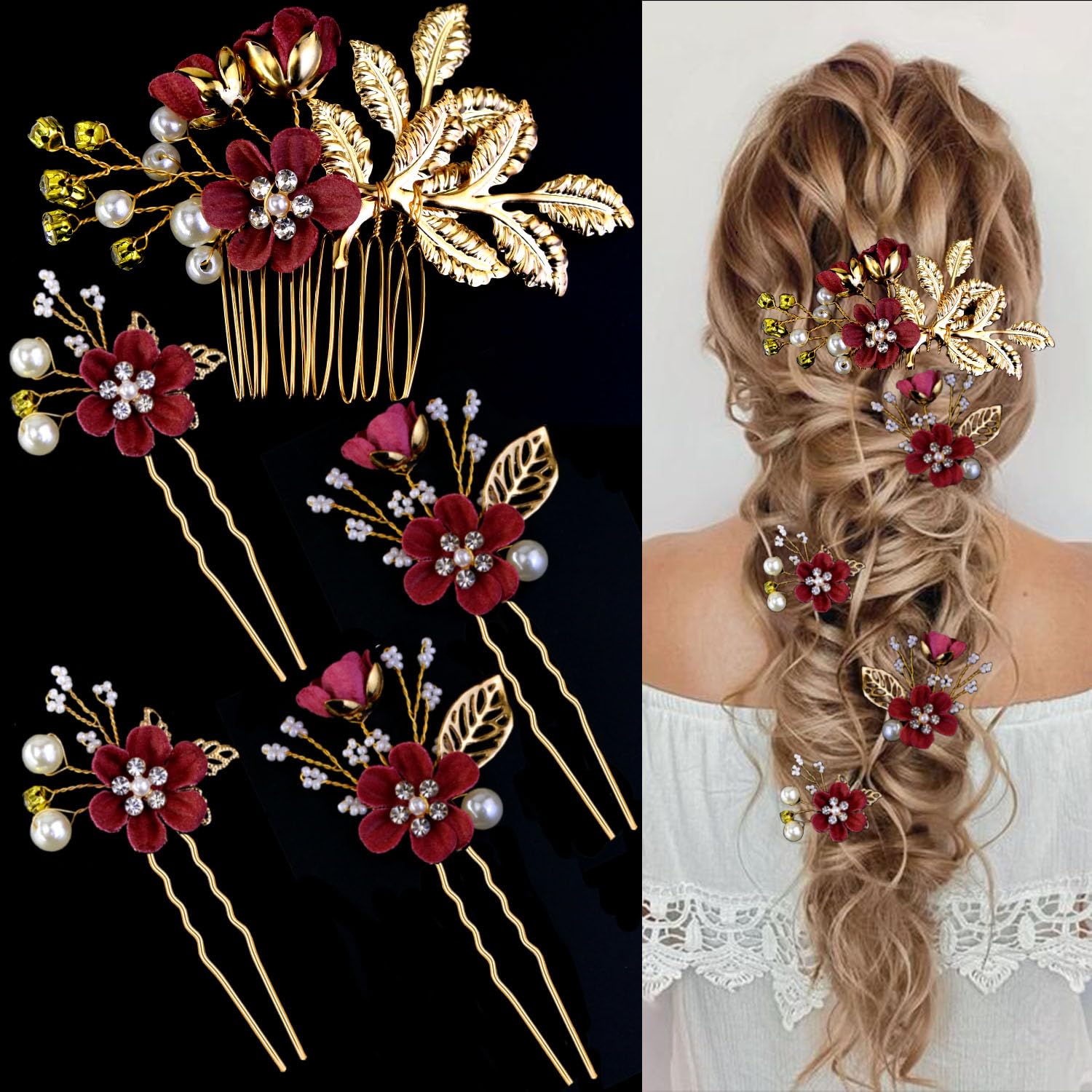 Épingle LAPOHI fleur-cristal-perle doré pour une coiffure de mariée élégante