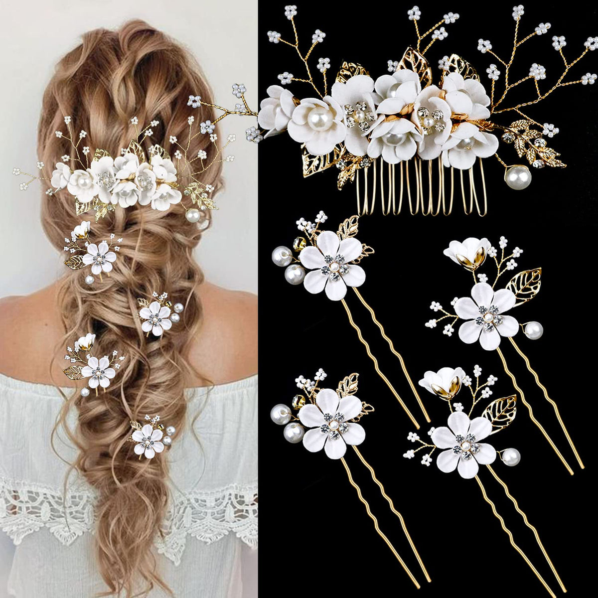 Épingle LAPOHI fleurs perle cristal doré, pour une touche glamour sur cheveux.