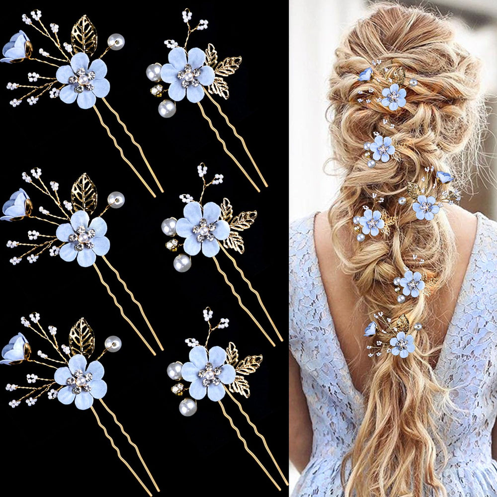 Pinces LAPOHI pour mariage avec fleurs et perles dorées pour un chignon élégant.