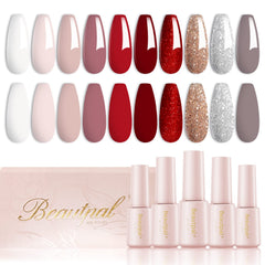 Ensemble Larvall Beautpal vernis gel 10 teintes neutres et rouge, éclat durable.