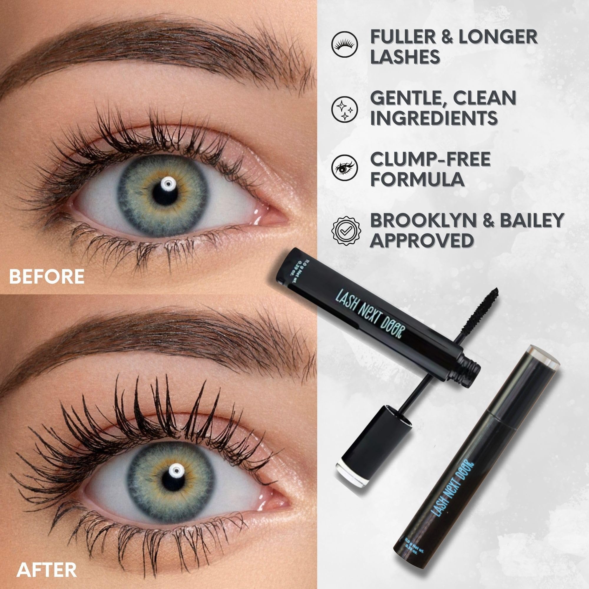 Lash Next Door Mascara – brosse prête à volumiser pour un regard plus fort.