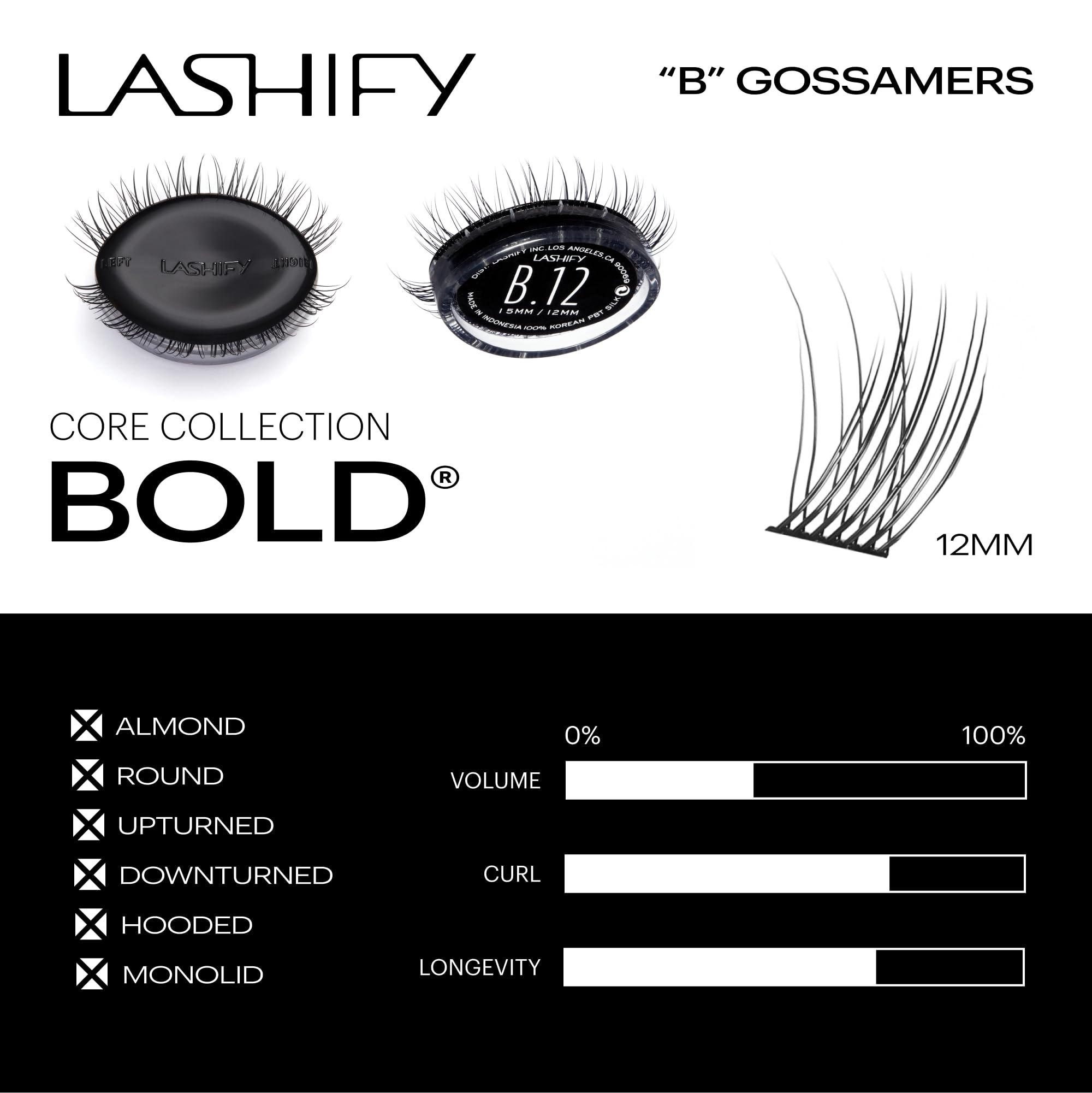 Lashify Bold 12mm Gossamer, longueur 12mm pour un look plus étoffé et durable.