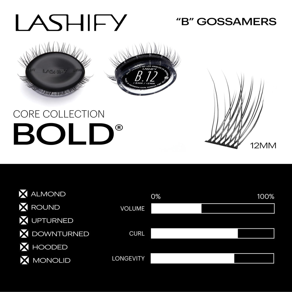 Lashify Bold 12mm Gossamer, longueur 12mm pour un look plus étoffé et durable.