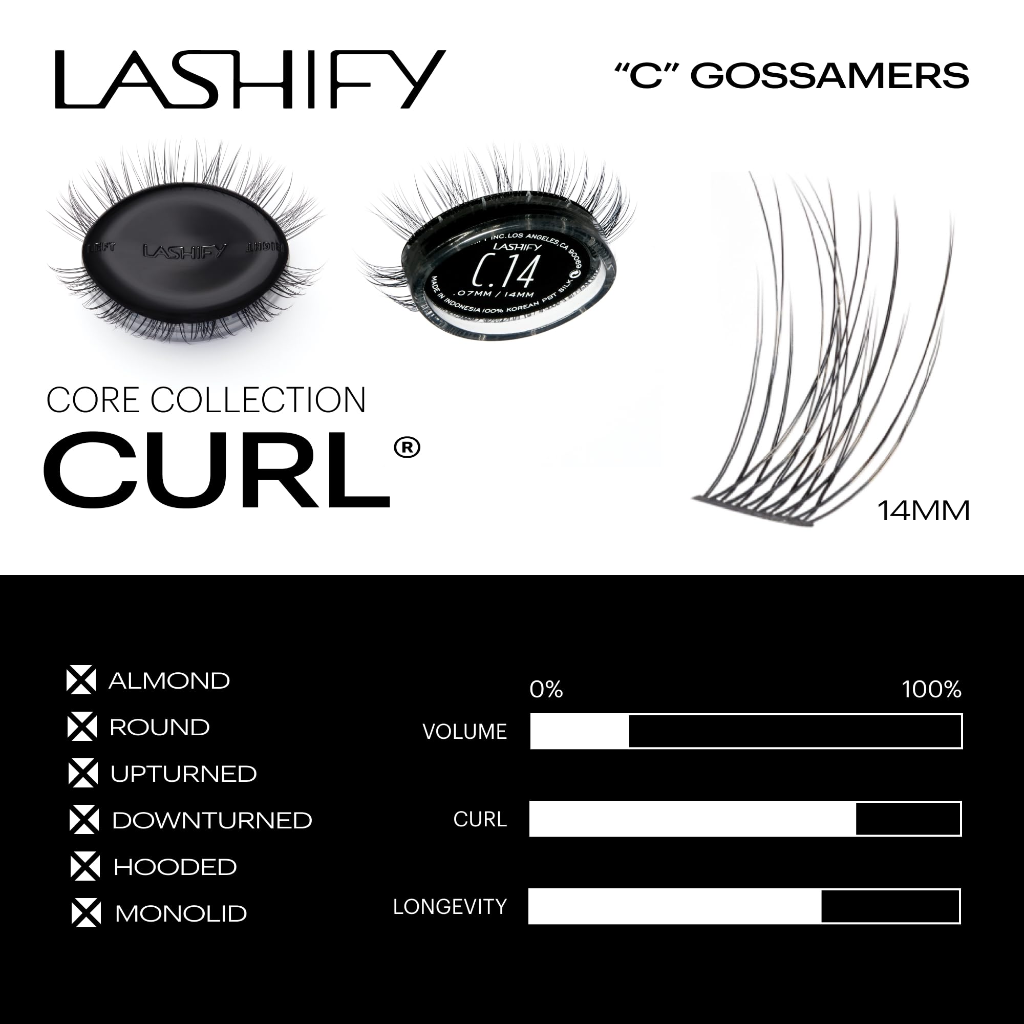 Lashify Curl 14mm Gossamer – Matière PBT soie premium, douceur et résistance