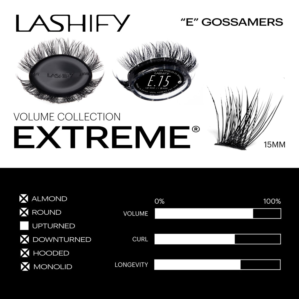Lashify Extreme 15mm Gossamer application: pratique avec la brosse de contrôle Fusion pour un fini personnalisé.