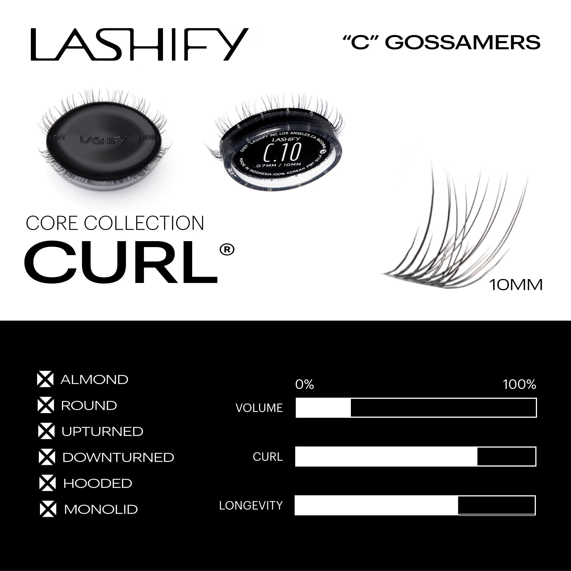 Lashify Curl Gossamer 10mm noir prêt à l’application sur des cils naturels.