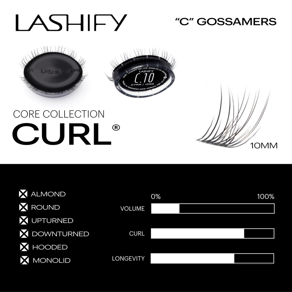 Lashify Curl Gossamer 10mm noir prêt à l’application sur des cils naturels.