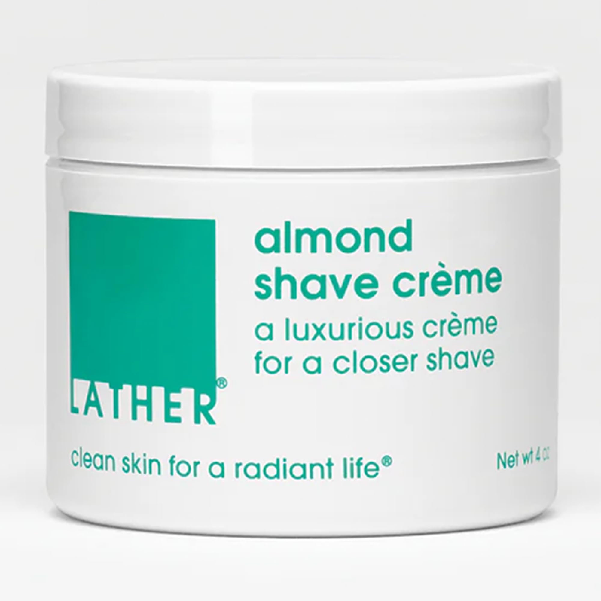 LATHER Almond Shave Crème — bouteille 4 oz, hydratation pour peau sensible