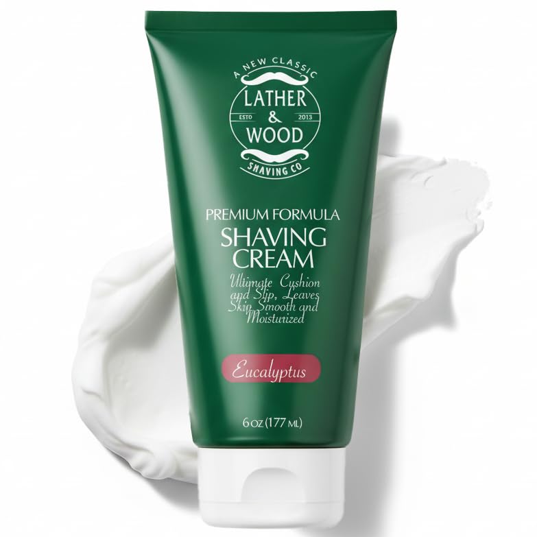Lather & Wood Crème de rasage eucalyptus : bouteille pratique pour une application facile et sensation fraîche.