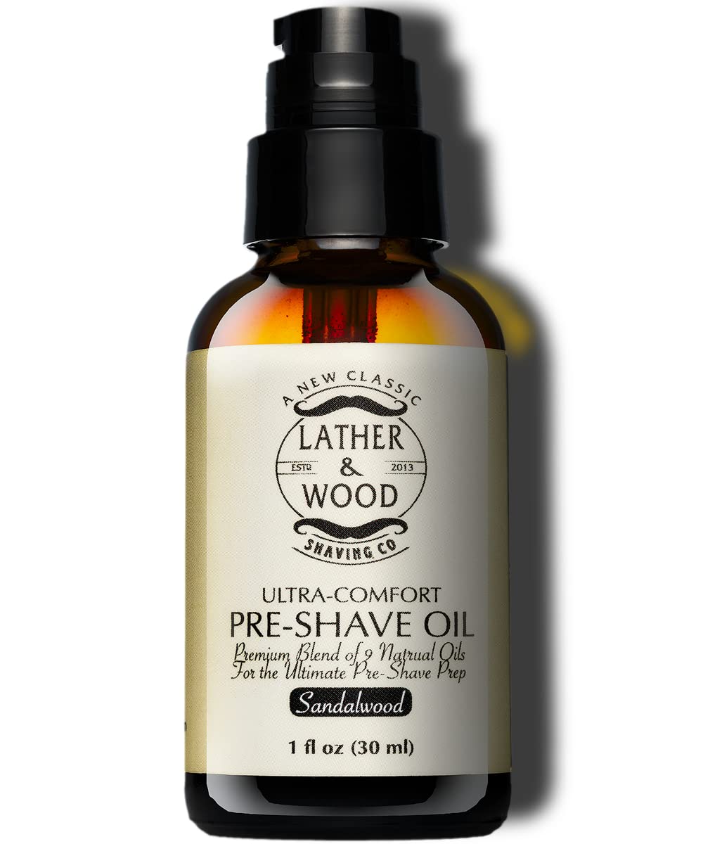 Lather & Wood Shaving Co – huile pré-rasage en bouteille, rasage fluide.