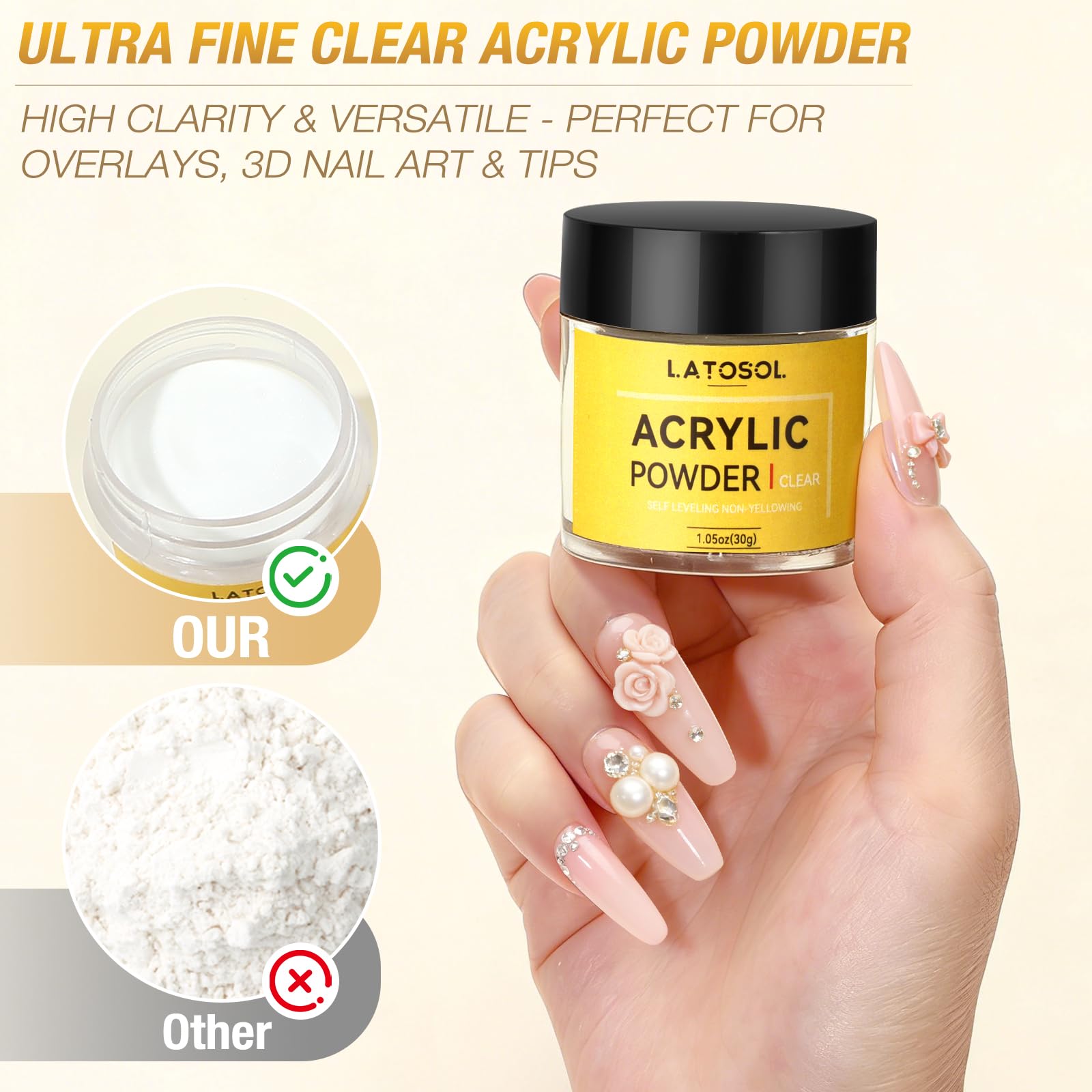 Latosol poudre acrylique clair offre base lisse et durable.