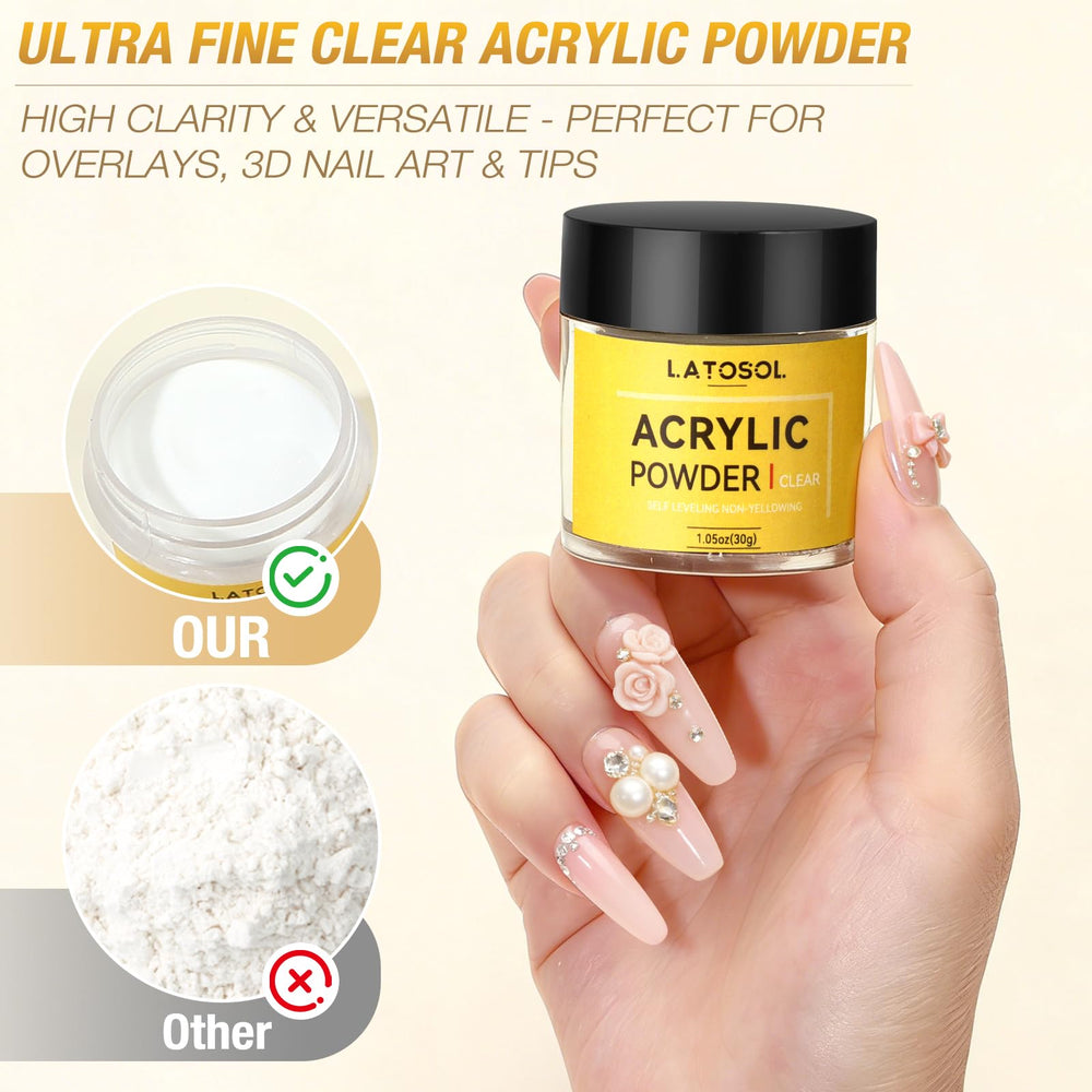 Latosol poudre acrylique clair offre base lisse et durable.