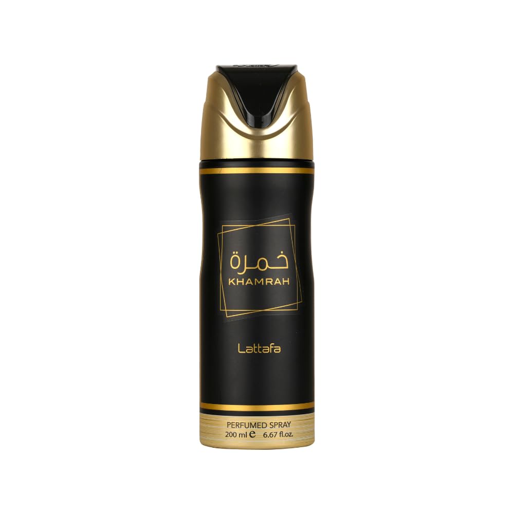 Lattafa Khamrah déodorant parfumé en spray, idéal pour une senteur durable tout au long de la journée.