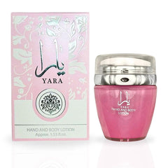 Lattafa YARA flacon-lotion-main: hydratation rapide et parfum sucré pour les mains.