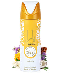 Lattafa Yara Tous packaging vibrant évoquant une escapade tropicale.