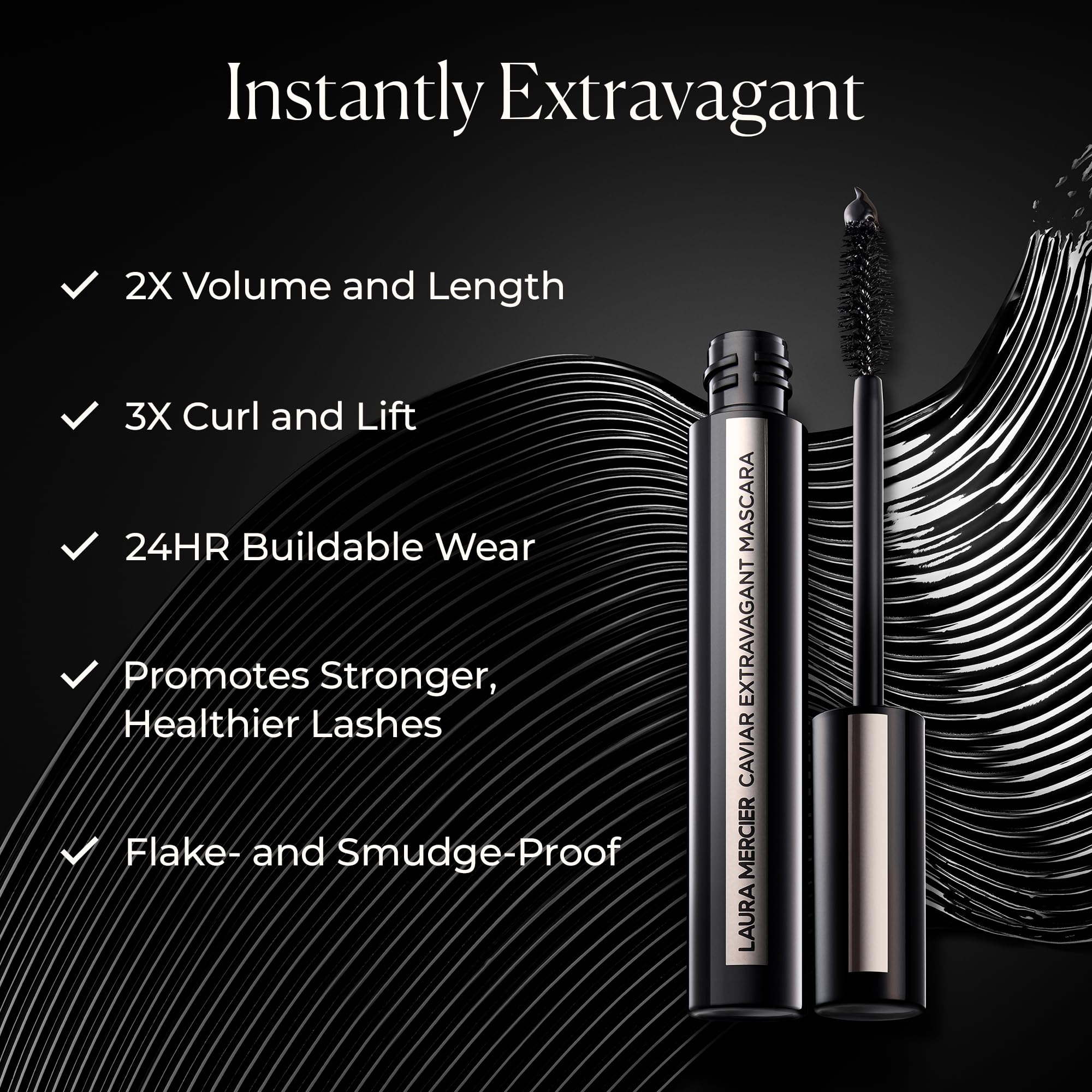 Laura Mercier Caviar Extravagant Mascara présente des pigments noirs intenses et magenta.
