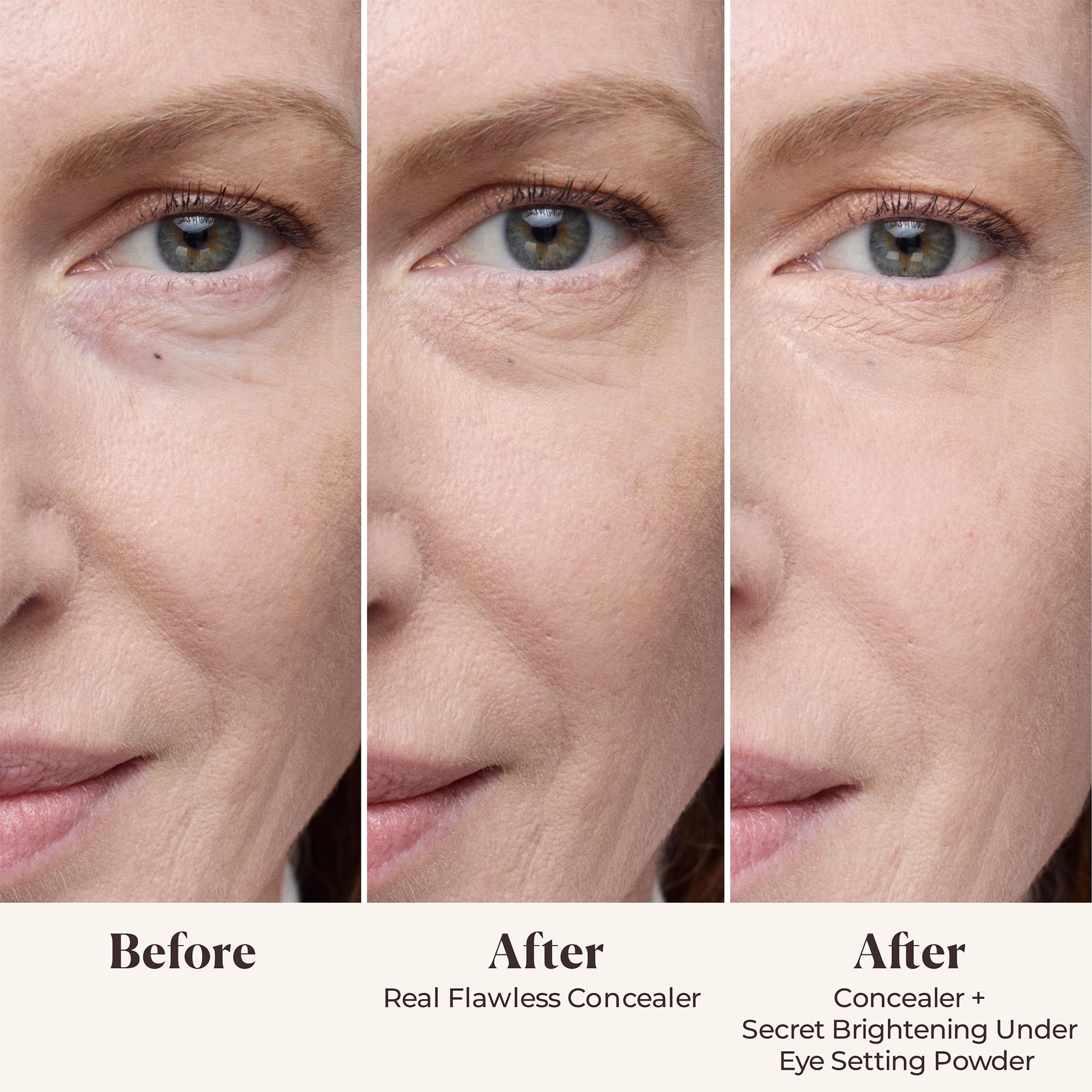 Texture soyeuse Laura Mercier – poudre contour yeux qui floute légèrement les ridules.