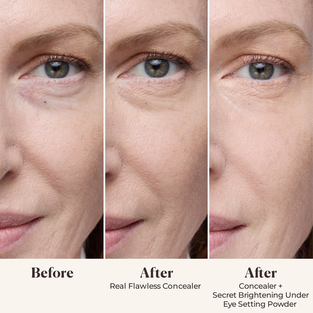Texture soyeuse Laura Mercier – poudre contour yeux qui floute légèrement les ridules.