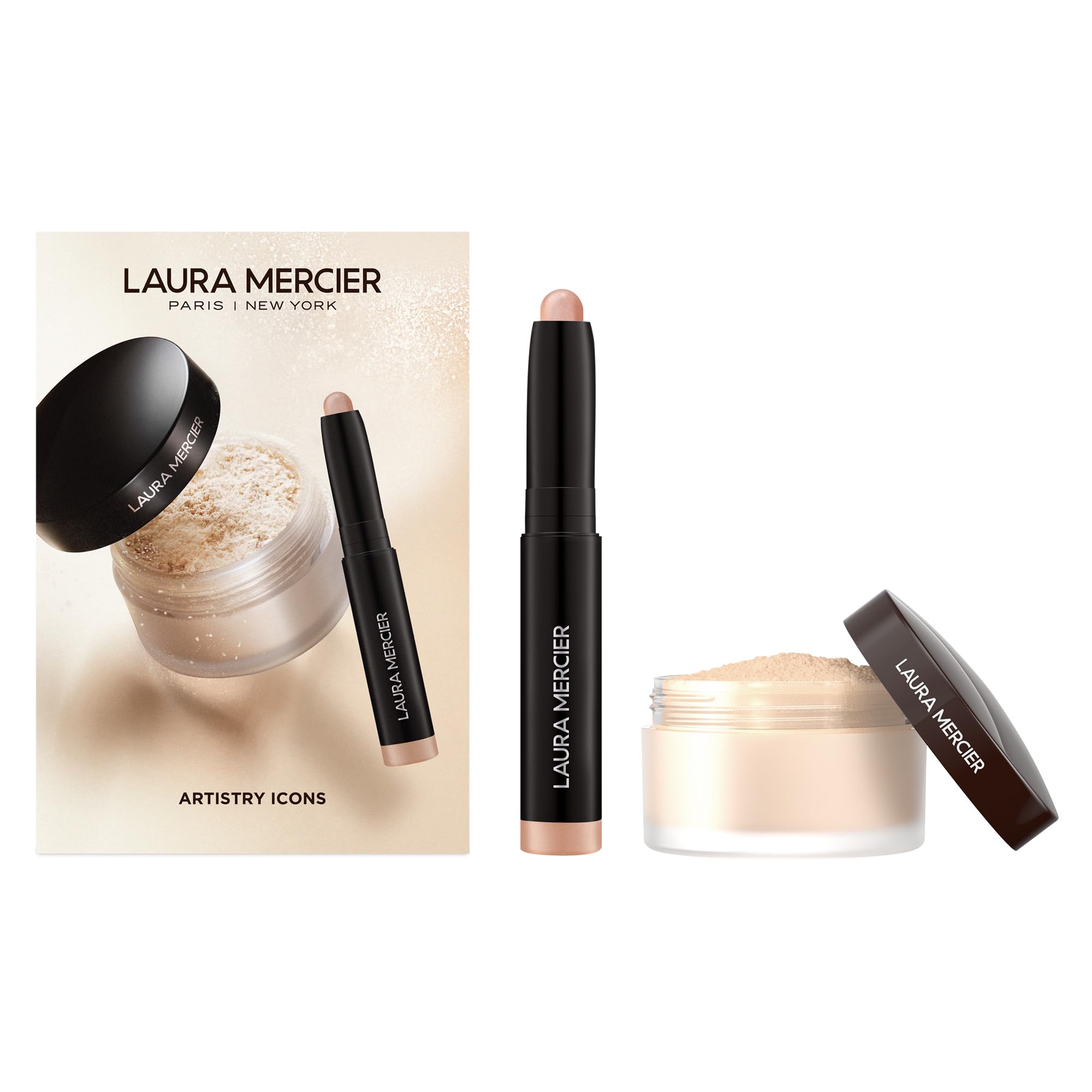 Laura Mercier poudre translucide emballage élégant, contrôle de brillance durable.